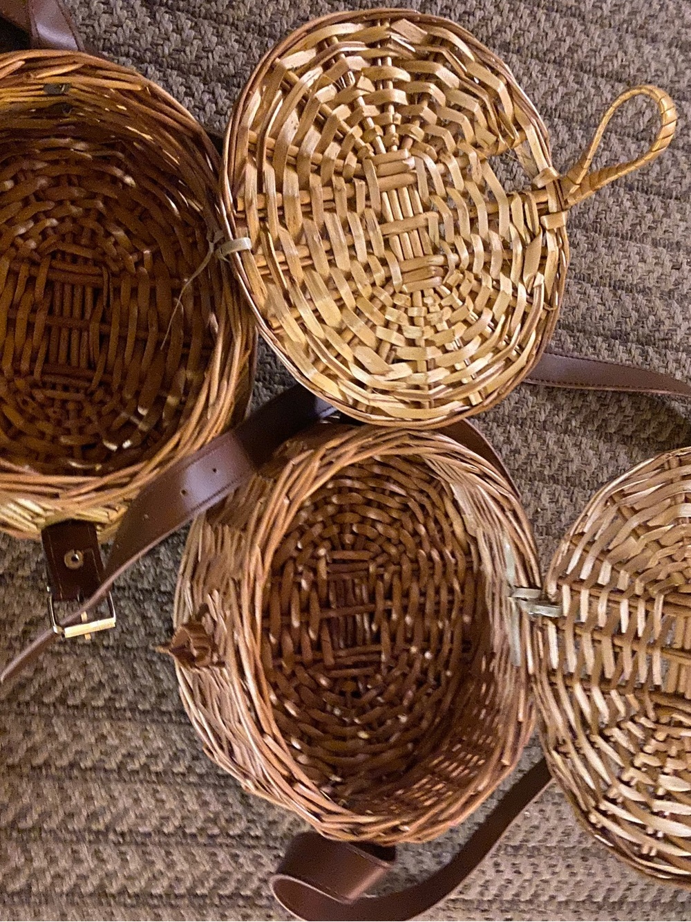 Woven Round Storage Baskets with Brown Leather Straps - Natural Brown